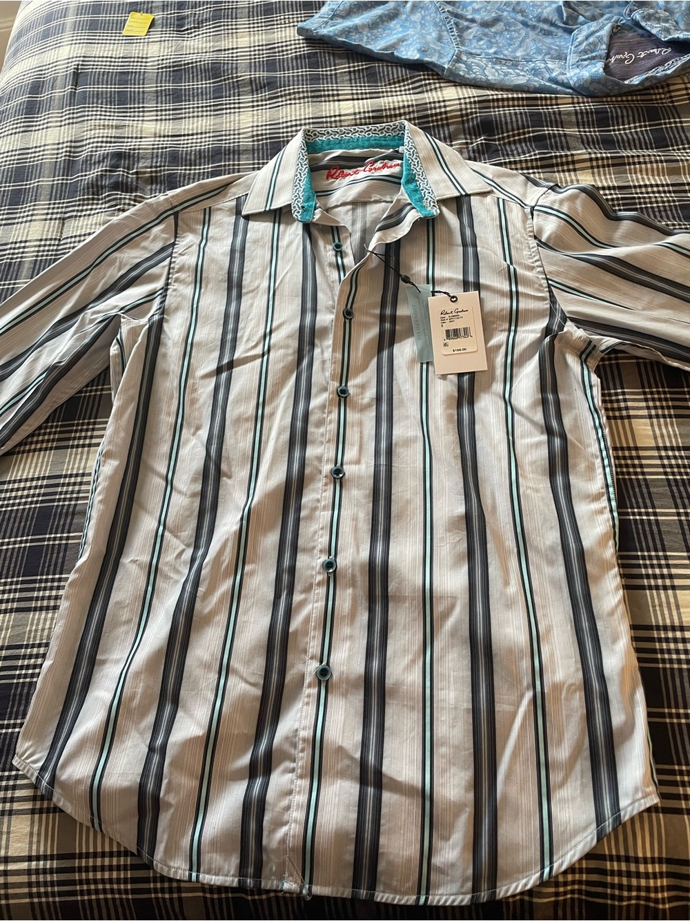 Robert Graham Grey Shirt with Black and Teal Vertical Stripes